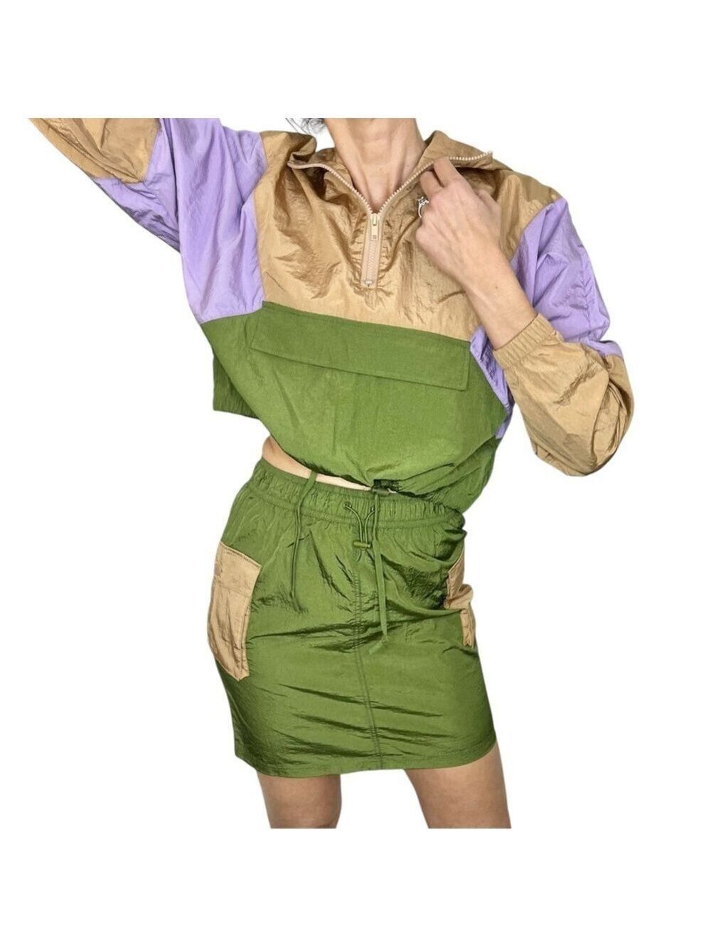 TWIK retro green tan purple colour block windbreak cropped jacket skirt set XS